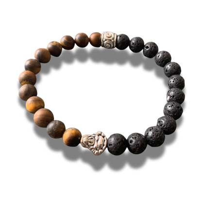 Armband Lava en matte tijgeroog / tigereye met Buddha teken 8 mm 21,5 cm