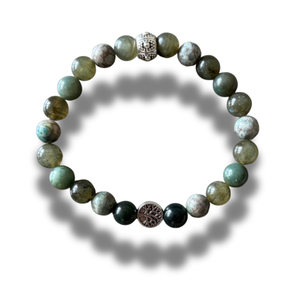 Armband hematiet, mosagaat, blauwe jade, labradoriet, levensboomteken 8 mm 20 cm