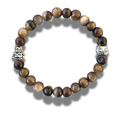 Armband tijgeroog, agaat, hout en Buddha teken 8 mm 21 cm