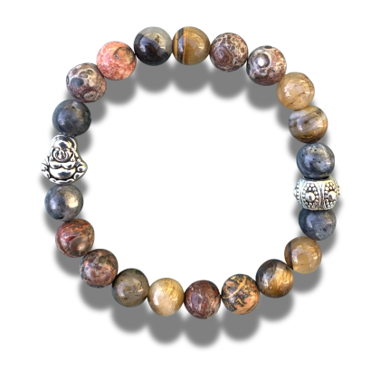 Armband labradoriet, agaat en luipaard jaspis met Buddha teken 8 mm 18,5 cm