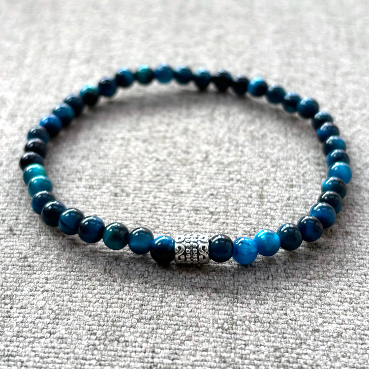 Armband - natuursteen - blauwe tijgeroog - 4 mm - 18,5 cm - zilver kleurig element - Afbeelding 4