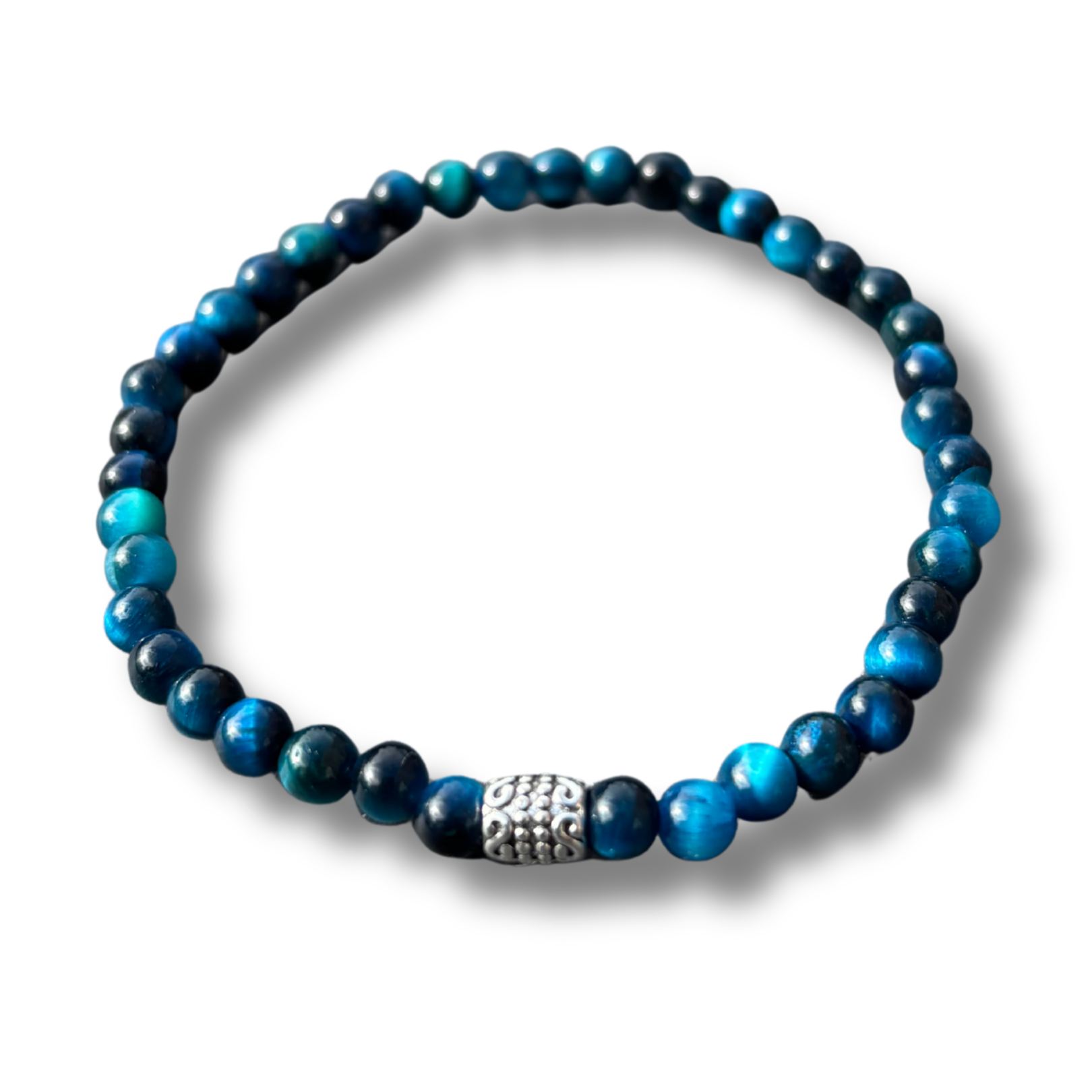 Armband - natuursteen - blauwe tijgeroog - 4 mm - 18,5 cm - zilver kleurig element
