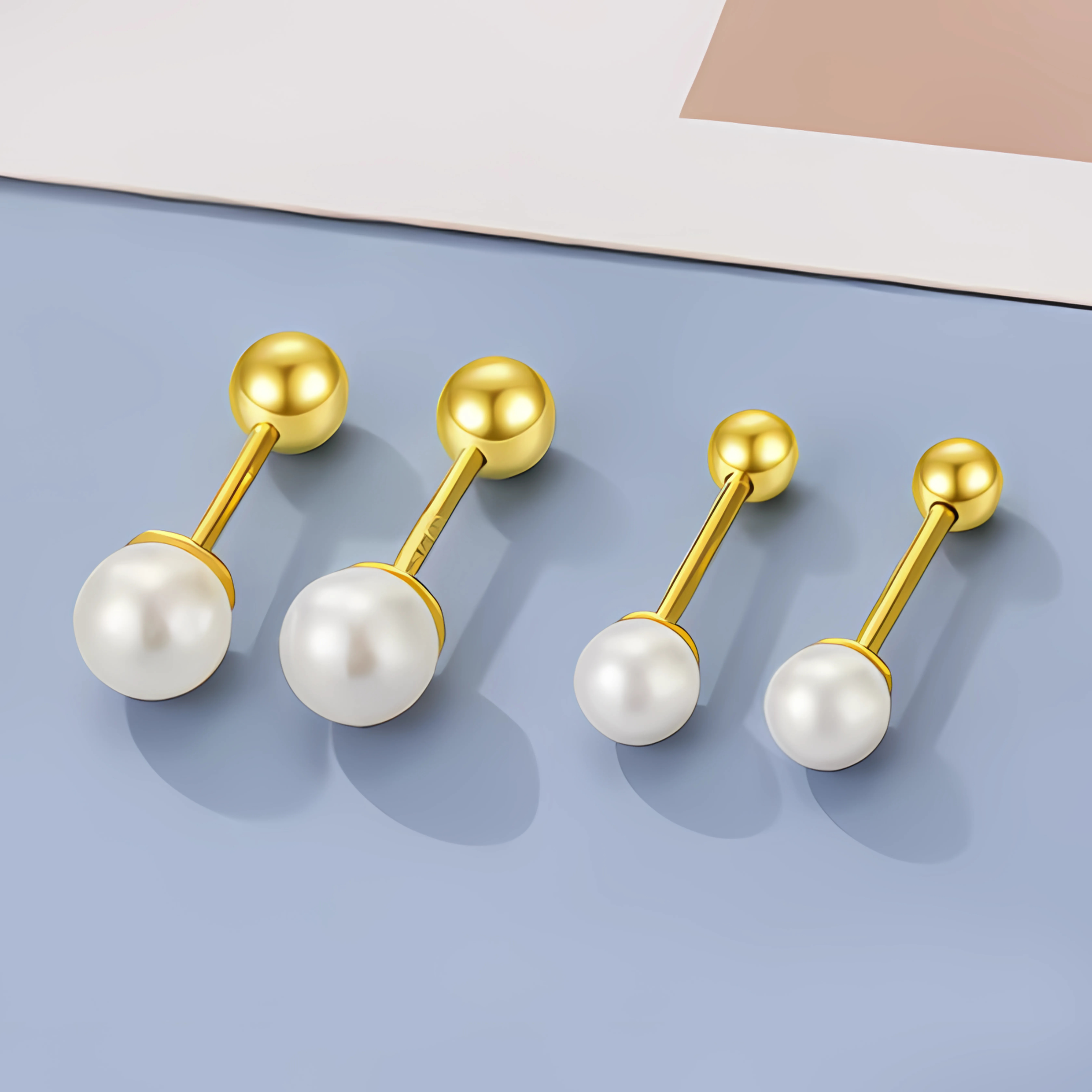 Oorbellen - oorstekers - kunstmatige parel - 8 mm – Zilver - goudkleurig - Afbeelding 3