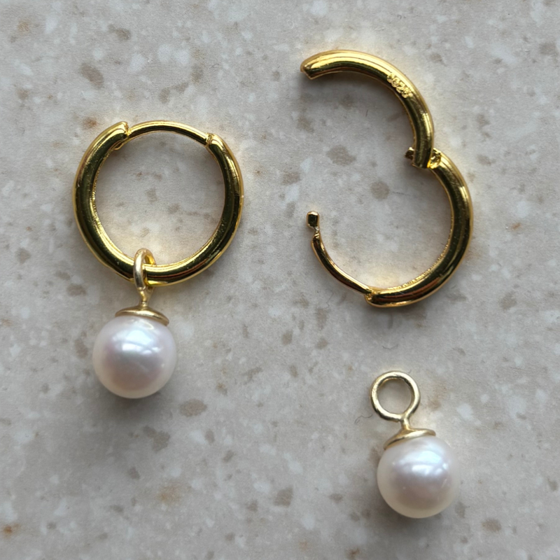 Oorringen - 925 Sterling Zilver - goudkleurig - met echte parelhanger - Afbeelding 4