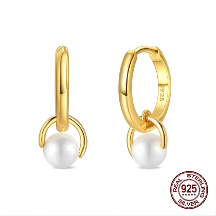 Oorbellen - oorringen - 925 Sterling Zilver - goudkleurig - met parelhanger - 11 mm