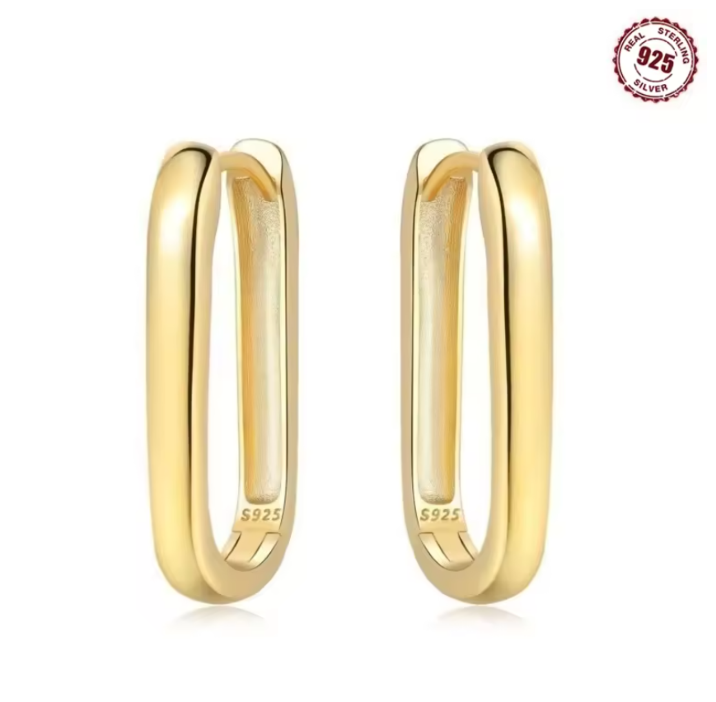 Oorbellen - oorringen - 925 Sterling Zilver - goudkleurig - klapsluiting - 25 mm - rechthoekig